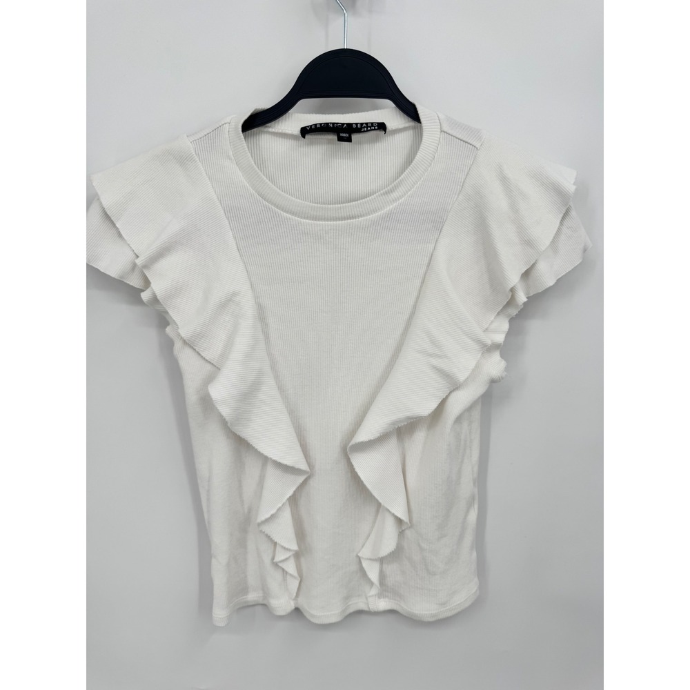 Veronica Beard Ruffle T Shirt Women Medium White Ribbed Bea Tiered Sleeve